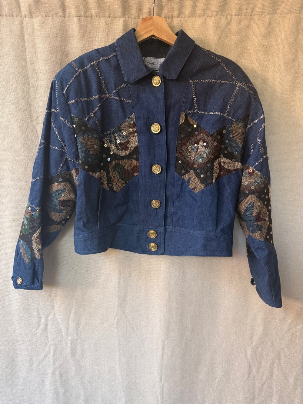 Vintage Navy Denim Jacket with Sequined Patchwork & Gold Buttons